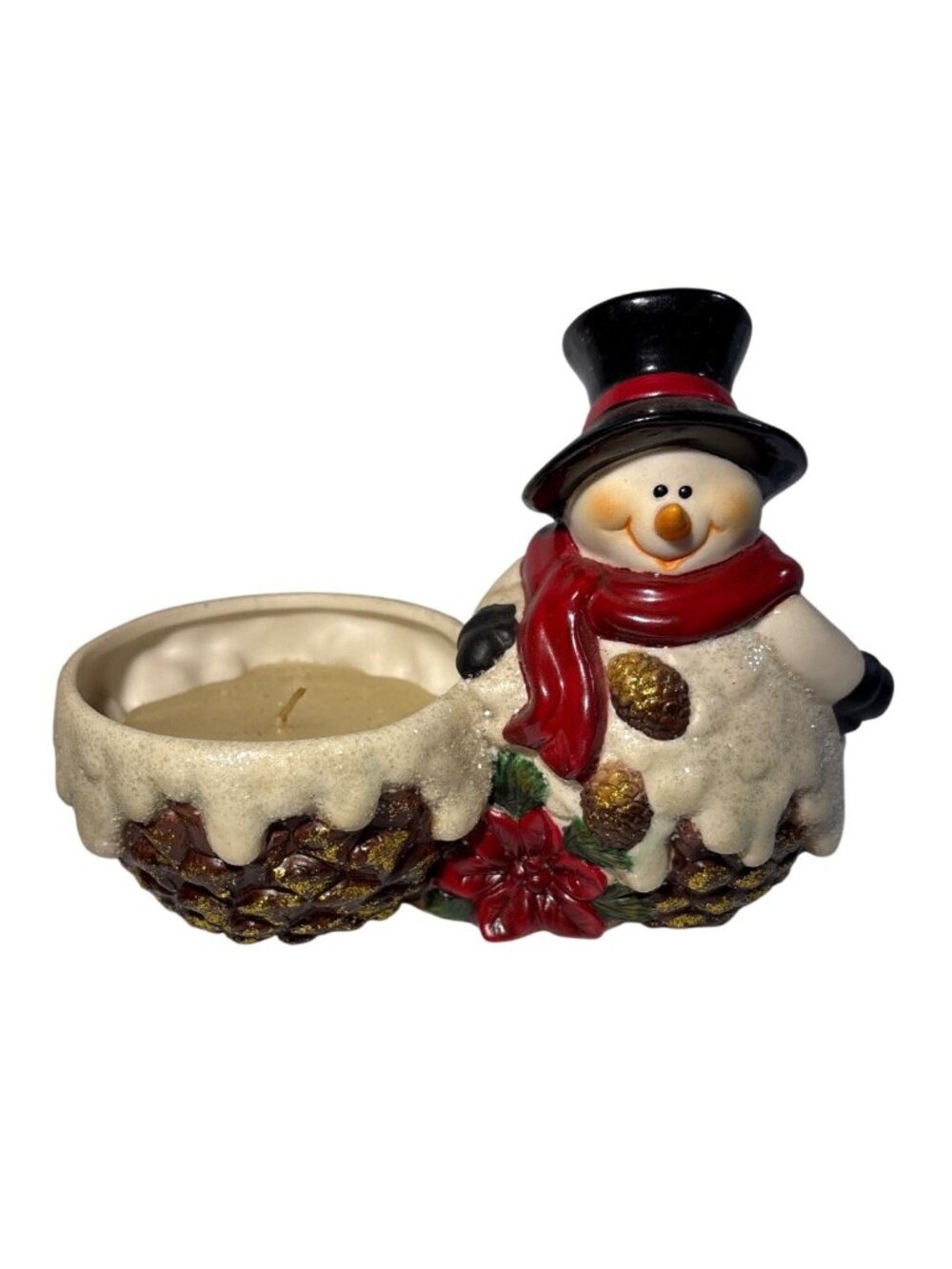 Snowman Glittery Candle Holder Pinecones Poinsettia Winter Decor 4.5" X 6" Vtg